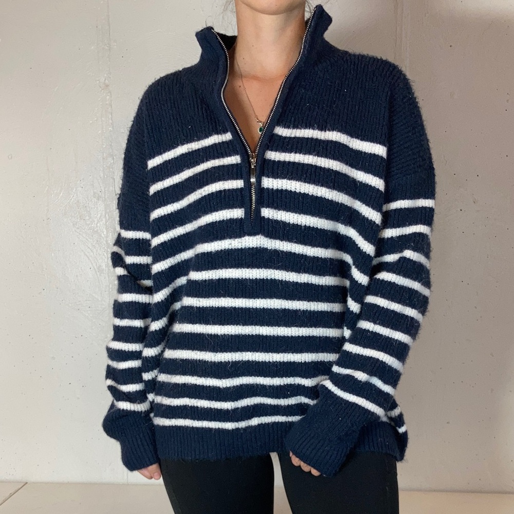 Preppy Navy + White Striped Quarter Zip Fuzzy Pullover Knit Sweater